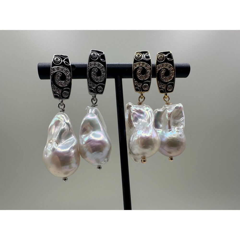 White Baroque Pearl Earrings: Black Enamel Swirl, Gold-Tone Lever Back